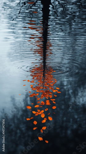 Obraz na płótnie Hyperrealistic falling leaves cascade from a tree, symbolizing surrender and spiritual trust, with serene water reflections and a blurred minimalistic background enhancing the scene's contemplative mo w salonie