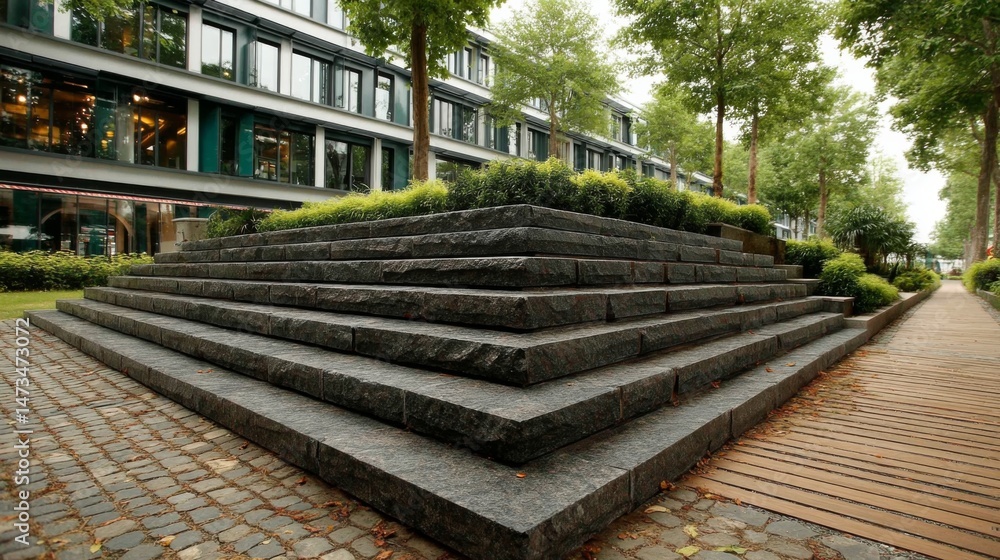 Fototapeta premium Modern stone steps in a landscaped urban park setting
