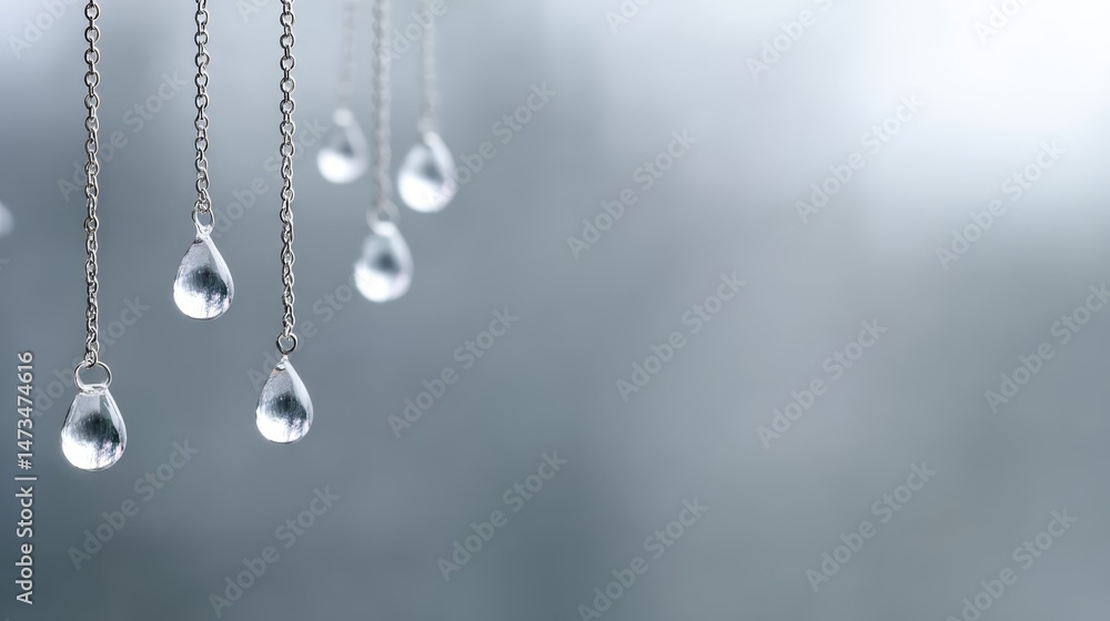 Delicate water droplets hang in suspension against a soft gray backdrop, illustrating the essence of purity and natural molecular beauty with generous copy space Delicate water droplets hang in suspension against a soft gray backdrop, illustrating the essence of purity and natural molecular beauty with generous copy space