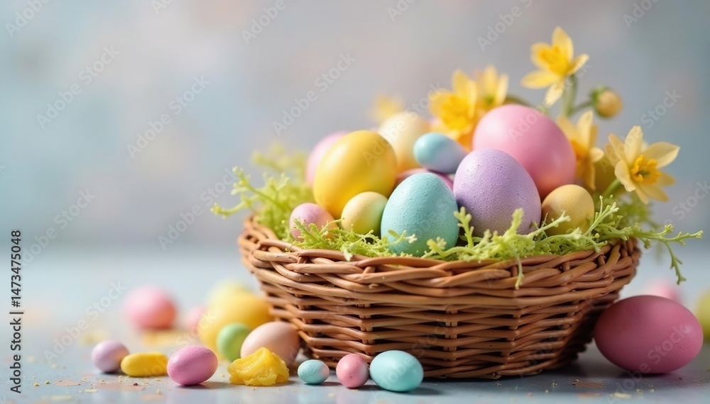 Colorful pastel Easter eggs candy in a basket, close-up view , candy eggs, yummy Colorful pastel Easter eggs candy in a basket, close-up view , candy eggs, yummy