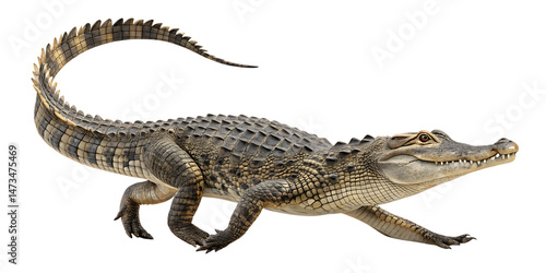 Photorealistic crocodile in motion, walking forward with tail curved, isolated on transparent background, AI Generative