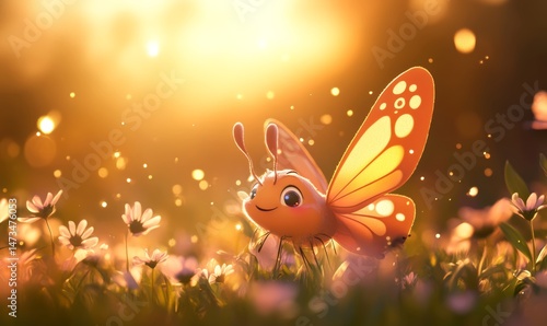 Wallpaper Mural Cute Cartoon Butterfly in Sunset Meadow Torontodigital.ca
