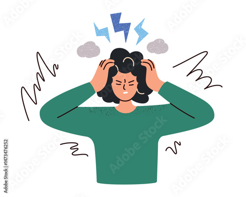 Flat cartoon illustration of tired stressed woman holding head in pain, frustration and anxiety concepts. Emotional health, inner peace vector illustration, mental balance, personal wellbeing