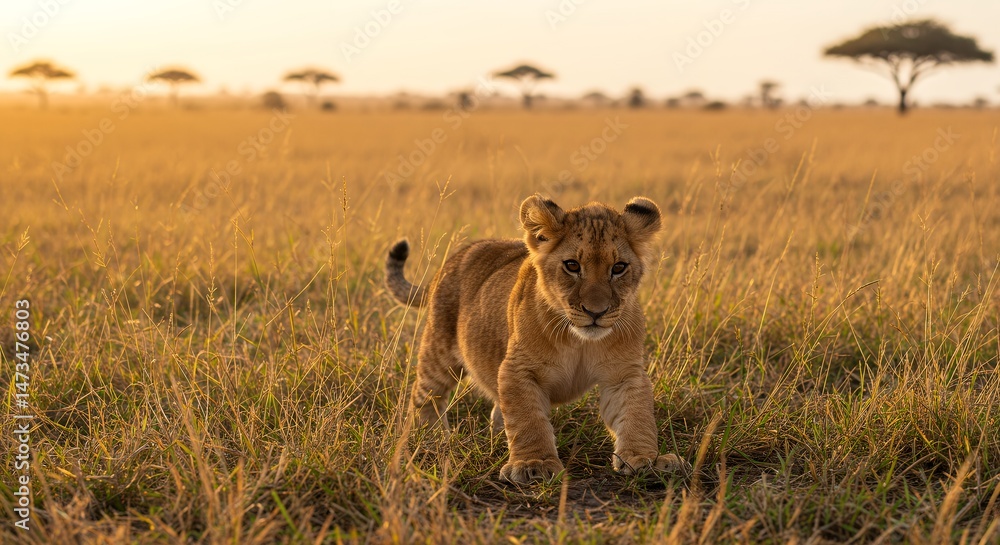 Naklejka premium Lion Cub Walking Across African Savanna at Sunset