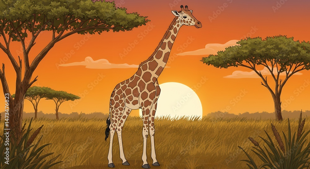 Obraz premium Giraffe in African Savannah with Sunset Illustration