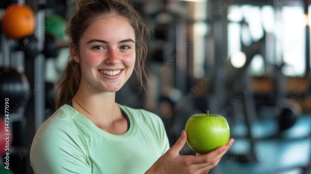 Young woman smiles happily holding a green apple in a gym Young woman smiles happily holding a green apple in a gym