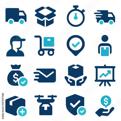 Flat Icon Set Delivery, Logistics, and E-commerce Symbols