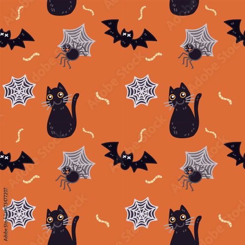 halloween seamless pattern with black cat , bat and spider 