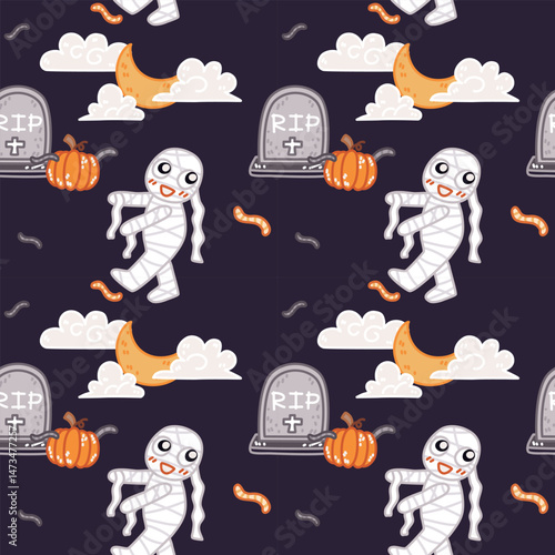 halloween seamless pattern with cute mummy