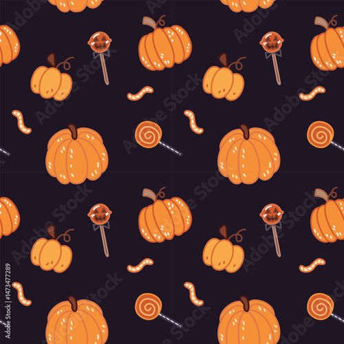 seamless halloween pattern with cute pumpkins and candy