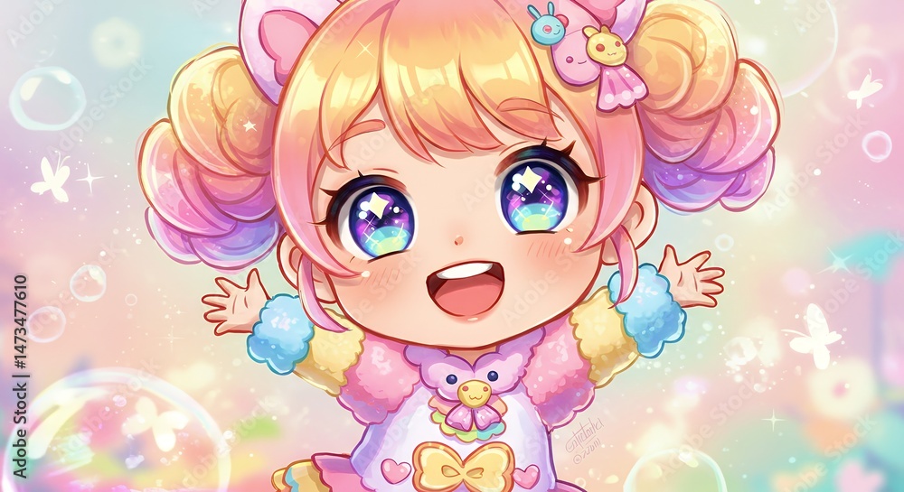 Chibi Girl Art with Rainbow Hair and Star Eyes Chibi Girl Art with Rainbow Hair and Star Eyes