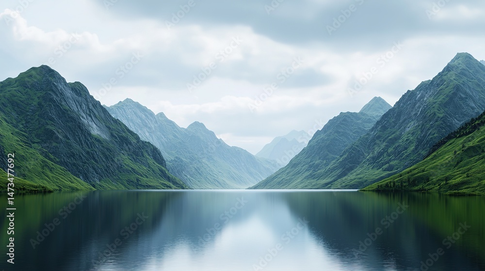 Obraz premium Tranquil mountain scene with soft light reflections in a serene lake nature landscape peaceful view