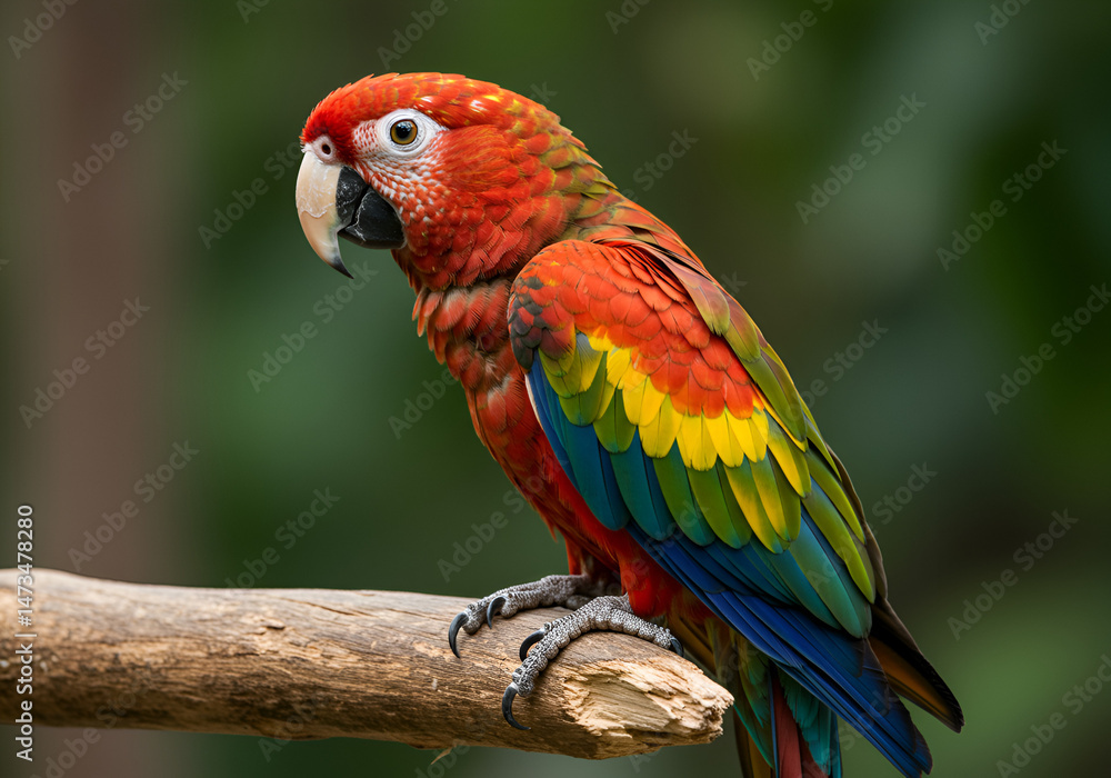 Obraz premium Tropical Parrot with Colorful Feathers Perched in Lush Jungle – Realistic Wildlife Scene 