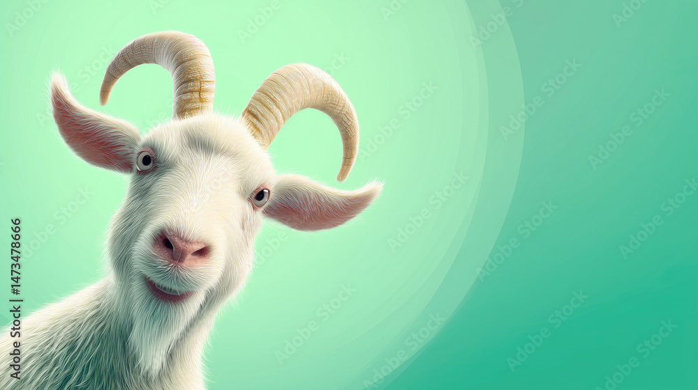 Obraz premium A cheerful white goat with curved horns peeks from the left, against a soft green backdrop