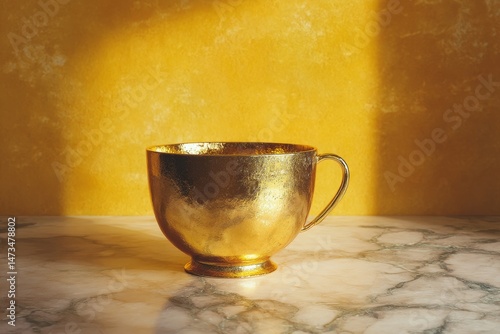 Golden, hammered metal cup on a marble surface.