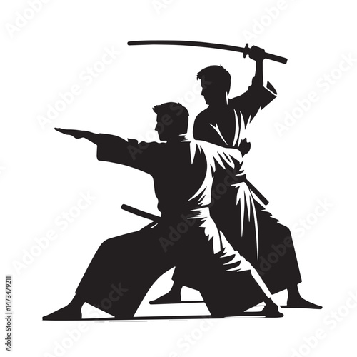 Aikido Silhouette line art vector illustration on white background