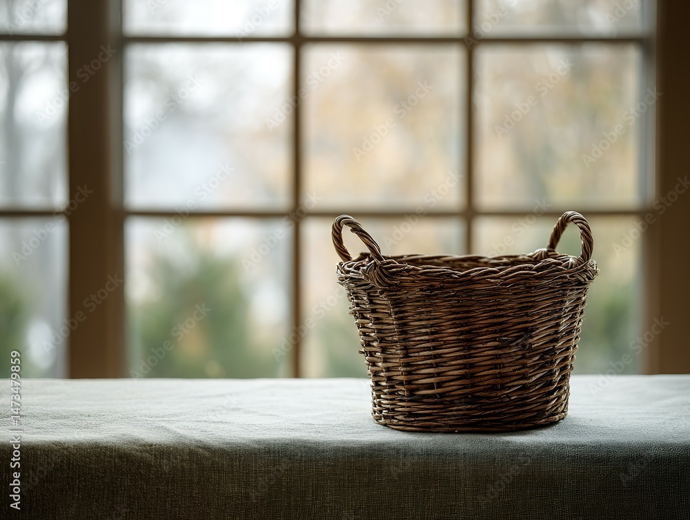 Fototapeta premium Empty wicker basket sits on a table by a window.
