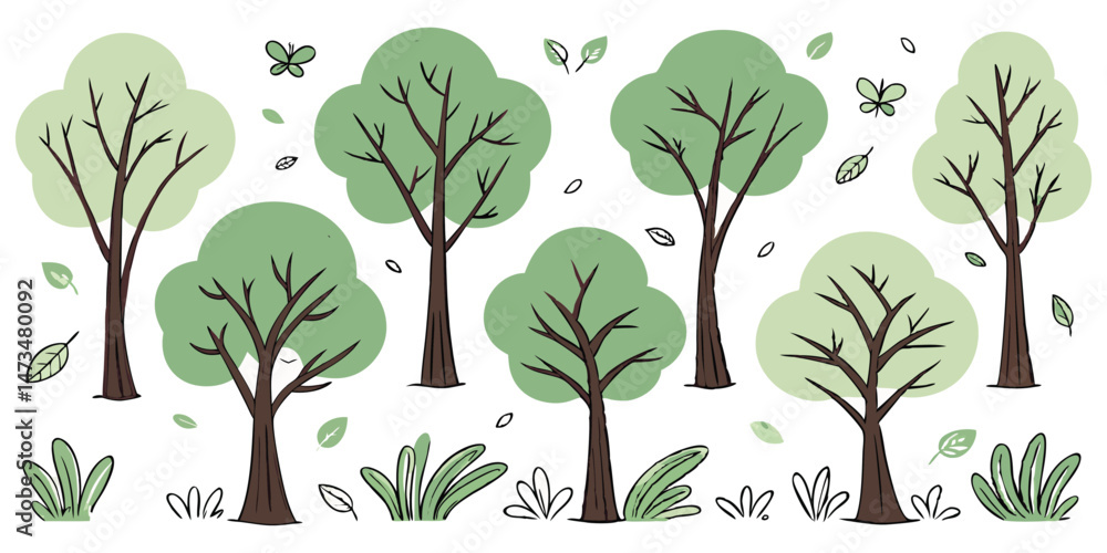 Forest illustration with trees, leaves, and butterflies Forest illustration with trees, leaves, and butterflies