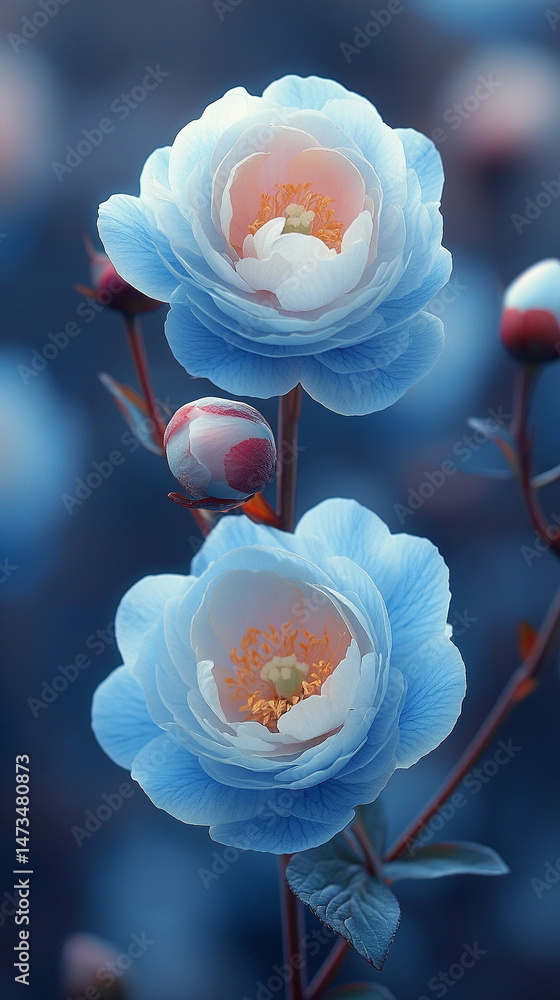 Glowing light baby blue peony flowers illuminated with ethereal spectrum light effects. Symbolizes beauty, purity, and serenity in a dreamy, artistic floral composition with soft glowing hues.
