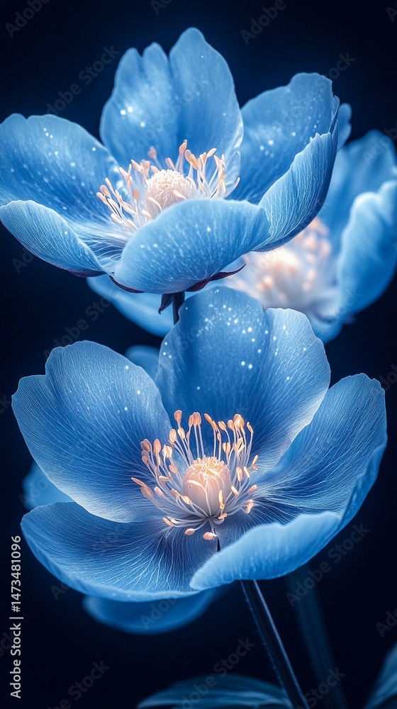 Glowing light baby blue peony flowers illuminated with ethereal spectrum light effects. Symbolizes beauty, purity, and serenity in a dreamy, artistic floral composition with soft glowing hues.