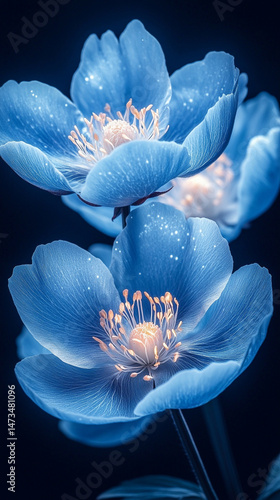 Glowing light baby blue peony flowers illuminated with ethereal spectrum light effects. Symbolizes beauty, purity, and serenity in a dreamy, artistic floral composition with soft glowing hues.

