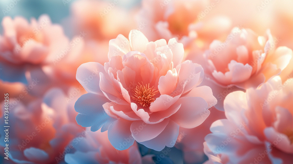 Glowing light baby blue peony flowers illuminated with ethereal spectrum light effects. Symbolizes beauty, purity, and serenity in a dreamy, artistic floral composition with soft glowing hues.