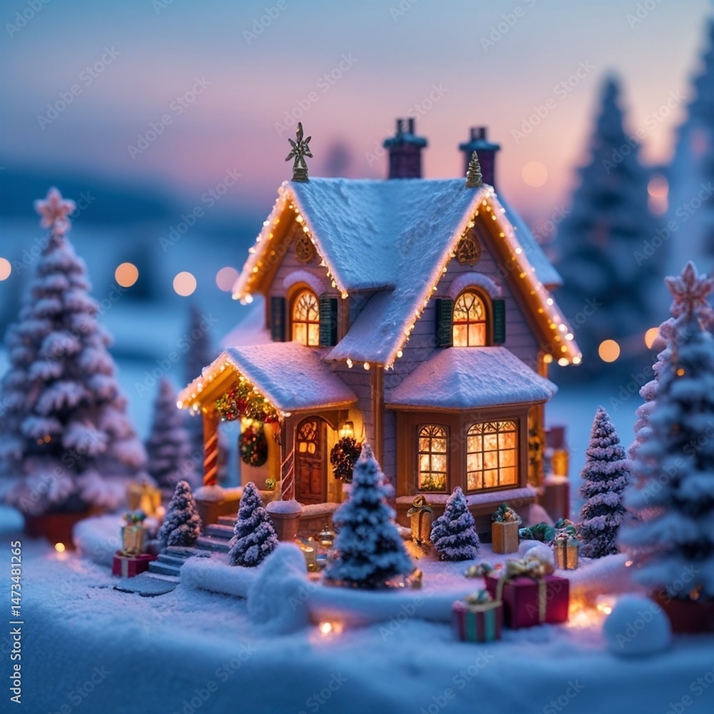 The text describes a miniature house illuminated in a Christmas village setting. The text describes a miniature house illuminated in a Christmas village setting.