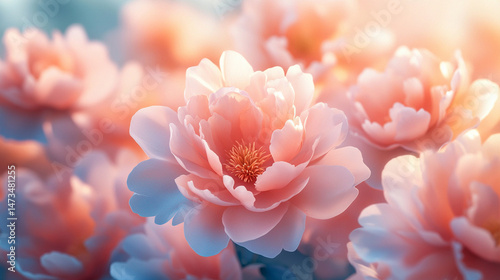Obraz na płótnie Glowing light baby blue peony flowers illuminated with ethereal spectrum light effects. Symbolizes beauty, purity, and serenity in a dreamy, artistic floral composition with soft glowing hues.
w salonie