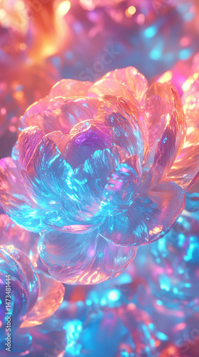 Glowing light baby blue peony flowers illuminated with ethereal spectrum light effects. Symbolizes beauty, purity, and serenity in a dreamy, artistic floral composition with soft glowing hues.

