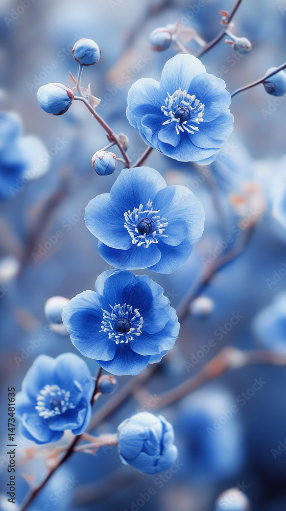 Glowing light baby blue peony flowers illuminated with ethereal spectrum light effects. Symbolizes beauty, purity, and serenity in a dreamy, artistic floral composition with soft glowing hues.