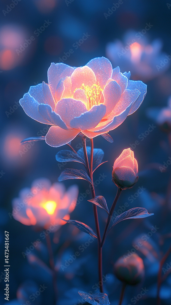 Glowing light baby blue peony flowers illuminated with ethereal spectrum light effects. Symbolizes beauty, purity, and serenity in a dreamy, artistic floral composition with soft glowing hues.