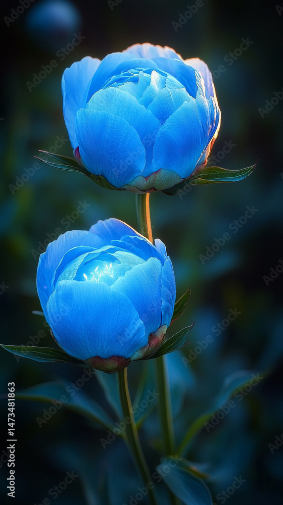 Glowing light baby blue peony flowers illuminated with ethereal spectrum light effects. Symbolizes beauty, purity, and serenity in a dreamy, artistic floral composition with soft glowing hues.