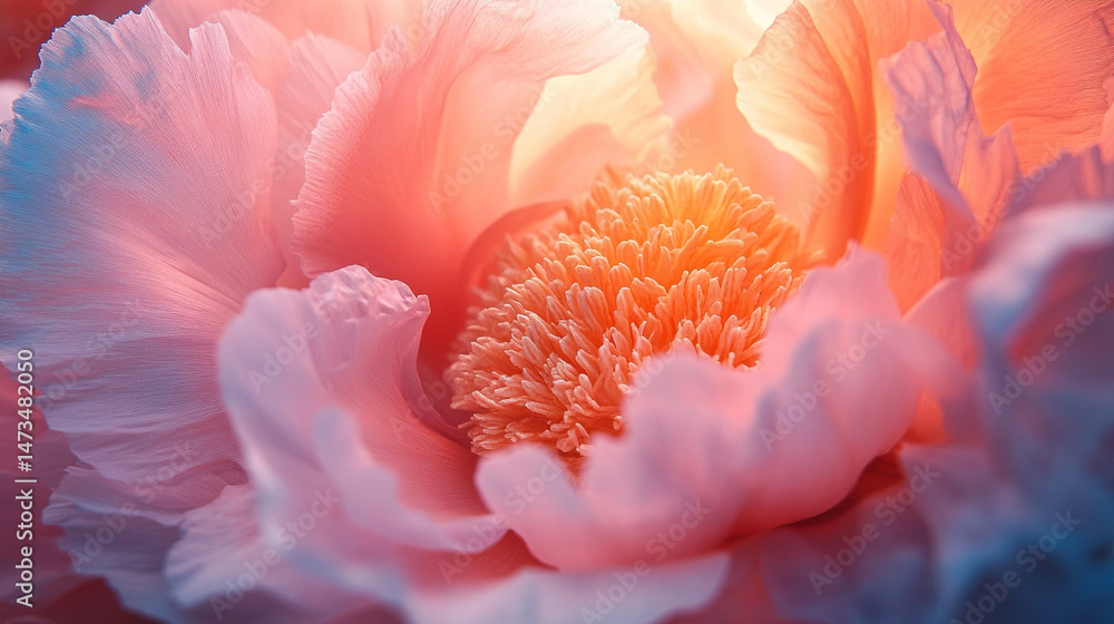 Glowing light baby blue peony flowers illuminated with ethereal spectrum light effects. Symbolizes beauty, purity, and serenity in a dreamy, artistic floral composition with soft glowing hues.