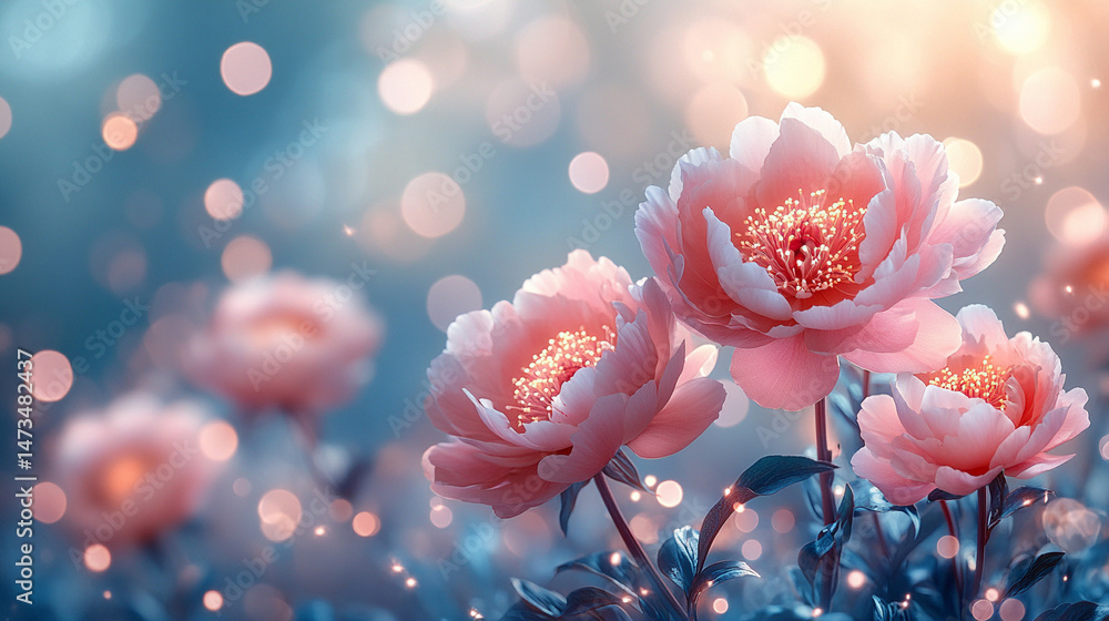 Glowing light baby blue peony flowers illuminated with ethereal spectrum light effects. Symbolizes beauty, purity, and serenity in a dreamy, artistic floral composition with soft glowing hues.
