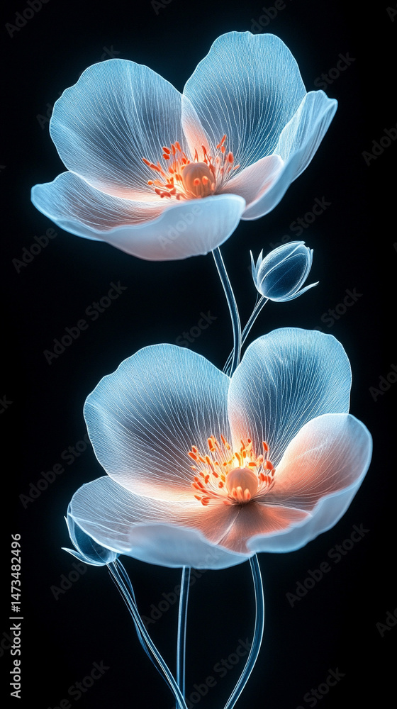 Glowing light baby blue peony flowers illuminated with ethereal spectrum light effects. Symbolizes beauty, purity, and serenity in a dreamy, artistic floral composition with soft glowing hues.