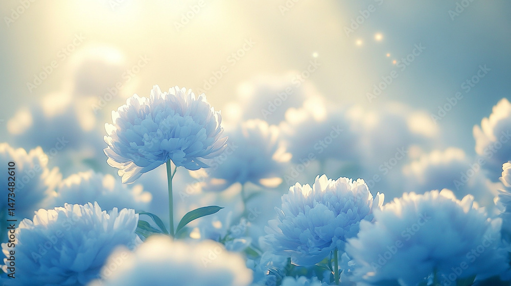 Glowing light baby blue peony flowers illuminated with ethereal spectrum light effects. Symbolizes beauty, purity, and serenity in a dreamy, artistic floral composition with soft glowing hues.
