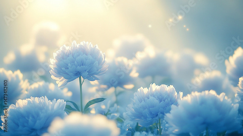Glowing light baby blue peony flowers illuminated with ethereal spectrum light effects. Symbolizes beauty, purity, and serenity in a dreamy, artistic floral composition with soft glowing hues.


