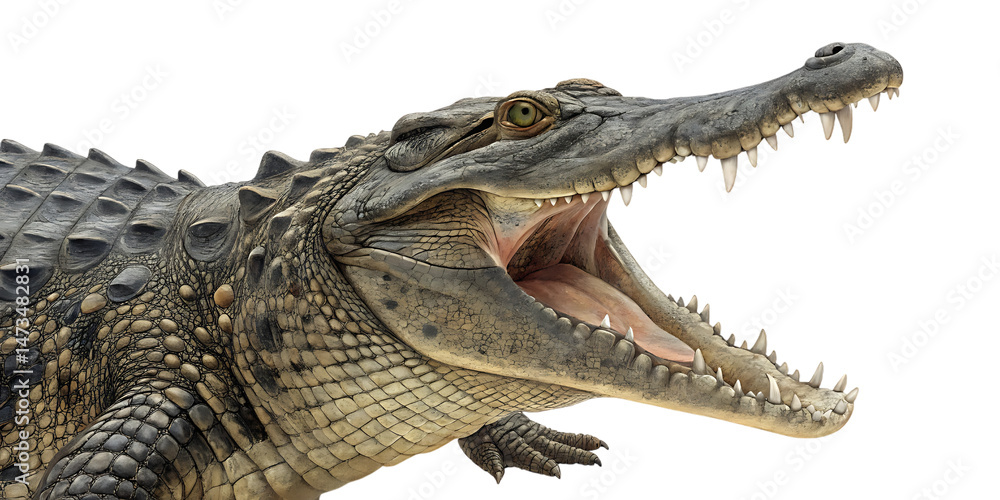 Fototapeta premium Crocodile with jaws wide open showing sharp teeth, realistic texture and detail, isolated on transparent background, AI Generative