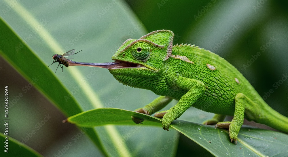 Naklejka premium Chameleon Catching Fly with Tongue on Green Leaf in Jungle