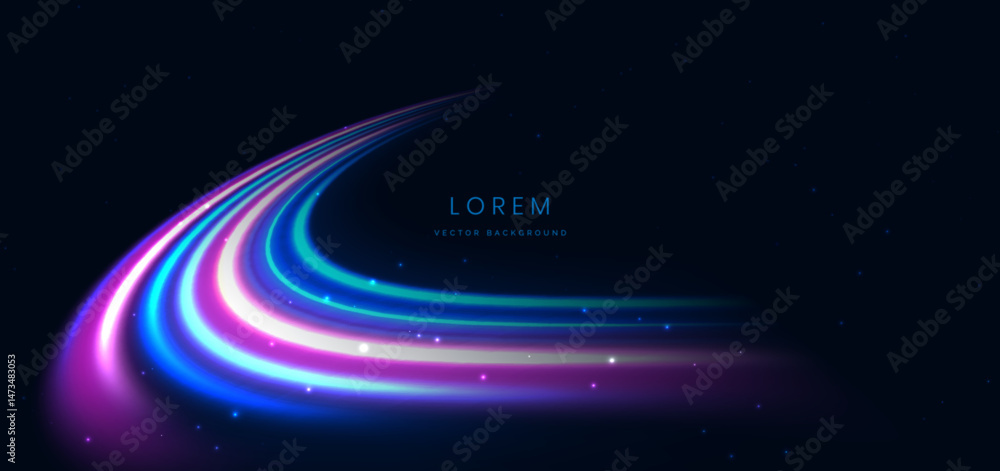 Obraz premium Blue and pink glowing ray curved light on dark background with copy space for text.