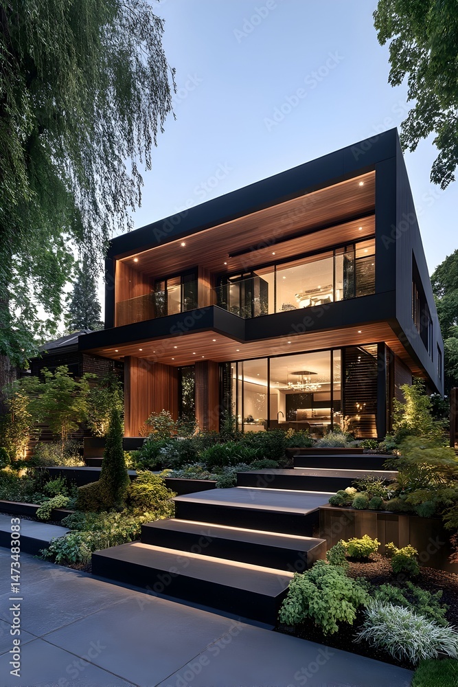 A modern two-story house with a black exterior, large windows, and a landscaped yard with steps leading to the front door A modern two-story house with a black exterior, large windows, and a landscaped yard with steps leading to the front door