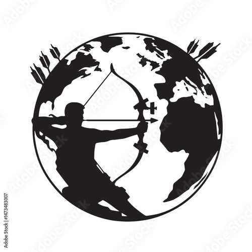 Archery (Global - bow and arrow combat) Silhouette line art vector illustration on white background