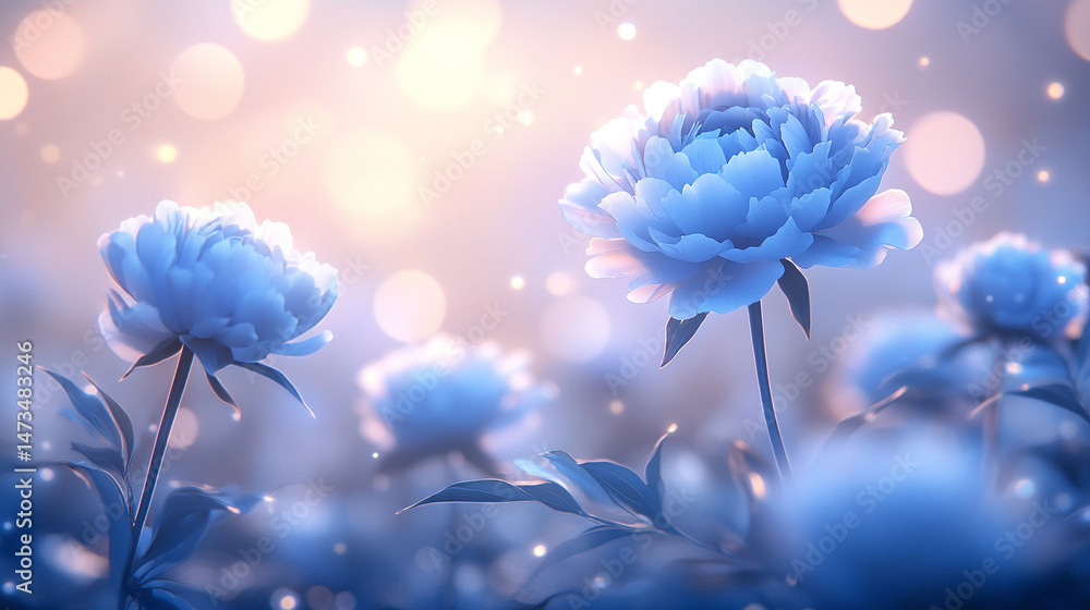 Glowing light baby blue peony flowers illuminated with ethereal spectrum light effects. Symbolizes beauty, purity, and serenity in a dreamy, artistic floral composition with soft glowing hues.