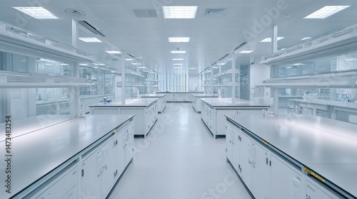 Empty, modern laboratory interior with rows of white work surfaces.