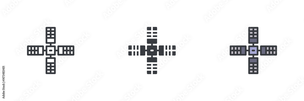Satellite with solar panels different style icon set Satellite with solar panels different style icon set