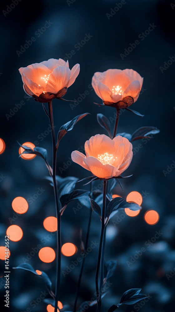 Glowing light baby blue peony flowers illuminated with ethereal spectrum light effects. Symbolizes beauty, purity, and serenity in a dreamy, artistic floral composition with soft glowing hues.