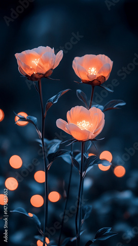 Obraz na płótnie Glowing light baby blue peony flowers illuminated with ethereal spectrum light effects. Symbolizes beauty, purity, and serenity in a dreamy, artistic floral composition with soft glowing hues.
w salonie