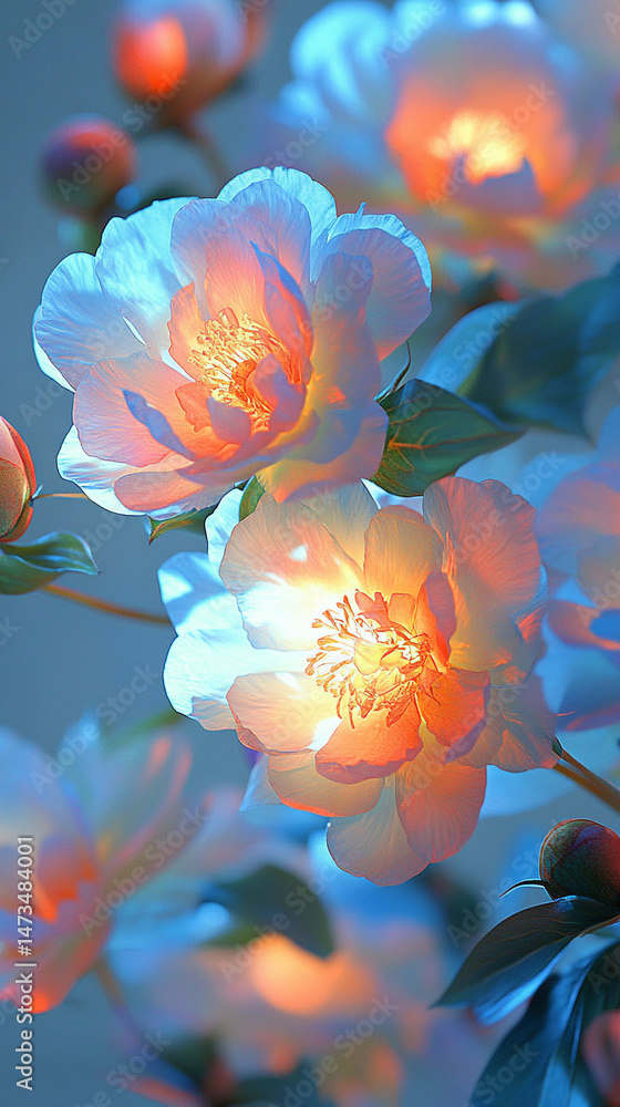 Glowing light baby blue peony flowers illuminated with ethereal spectrum light effects. Symbolizes beauty, purity, and serenity in a dreamy, artistic floral composition with soft glowing hues.