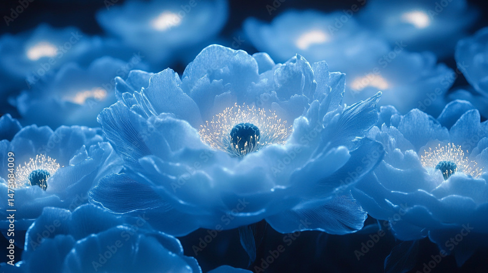Glowing light baby blue peony flowers illuminated with ethereal spectrum light effects. Symbolizes beauty, purity, and serenity in a dreamy, artistic floral composition with soft glowing hues.
