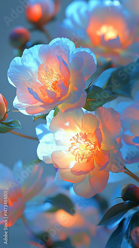 Obraz na płótnie Glowing light baby blue peony flowers illuminated with ethereal spectrum light effects. Symbolizes beauty, purity, and serenity in a dreamy, artistic floral composition with soft glowing hues.
w salonie